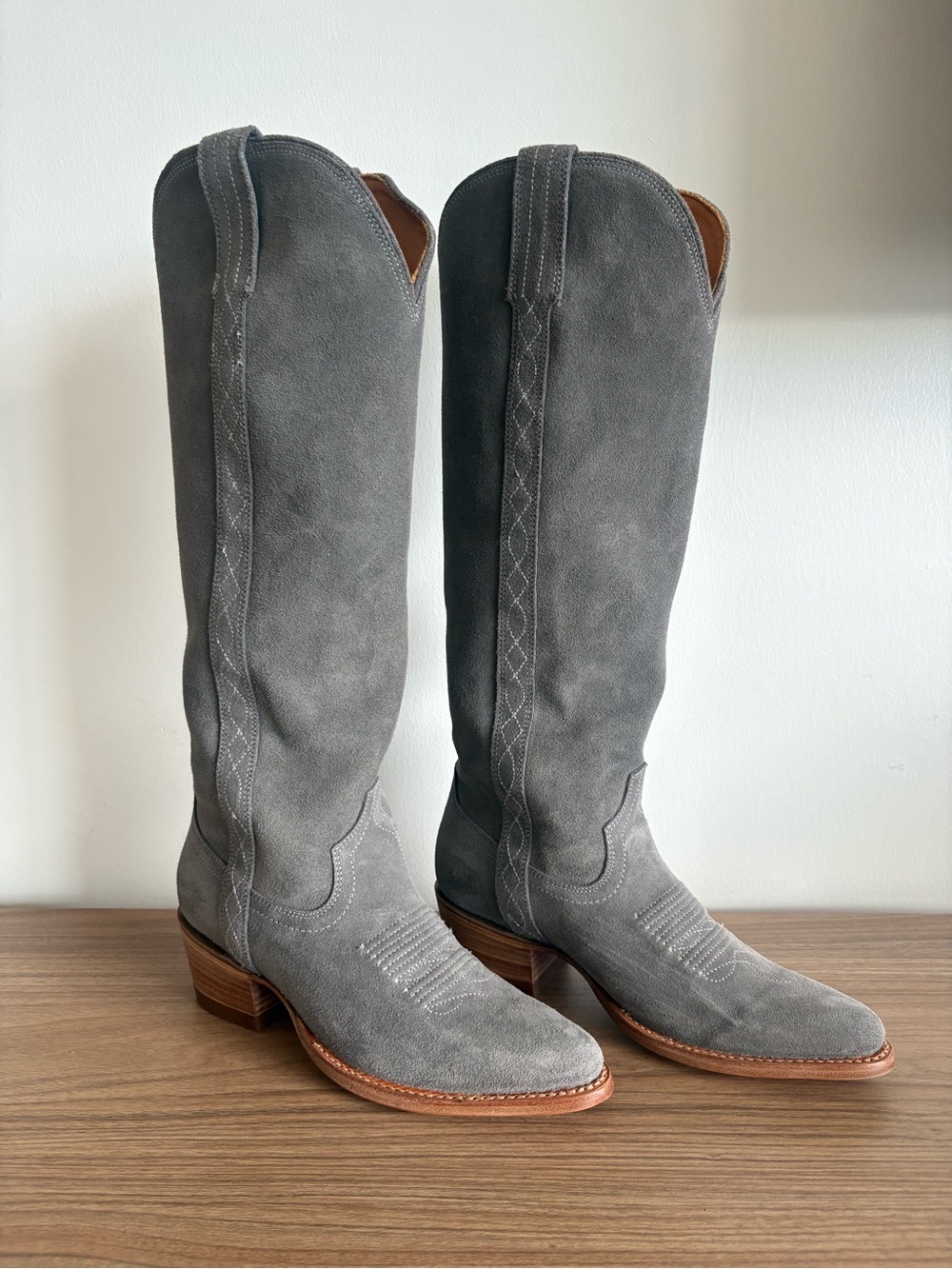 Tecovas Gray Suede Knee-High Heeled Boots